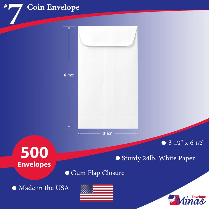 Minas Envelope #7 Coin/Cash/Small Parts Envelope  3-1/2"" X 6-1/2""  Premium 24lb. White  Gum Flap  500/Box - Image 2